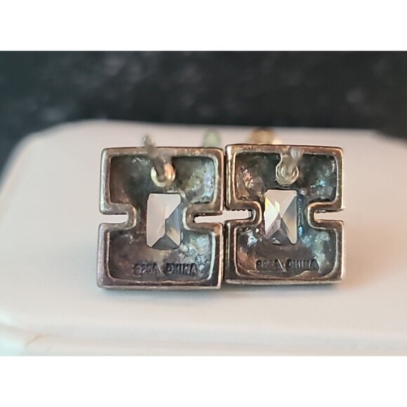 925 Sterling Silver CZ Marcasite Rectangular Post Earrings Vintage - Picture 6 of 11